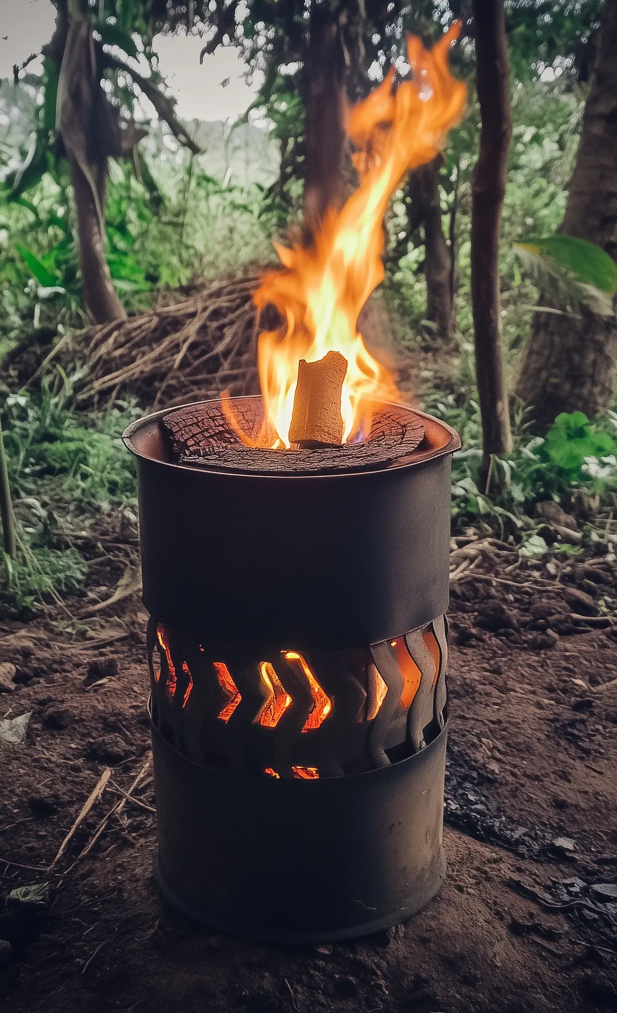 A biochar stove burning in a wooded area