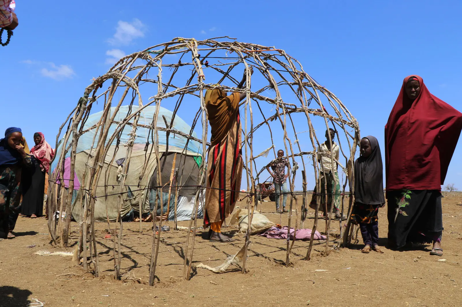 people building tent structure out ouf wood