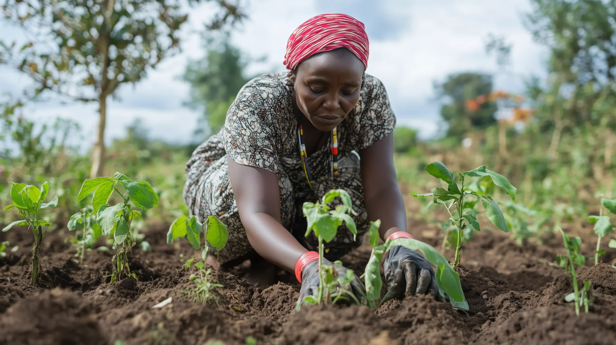 Woman planting a tree in a field in Kenya