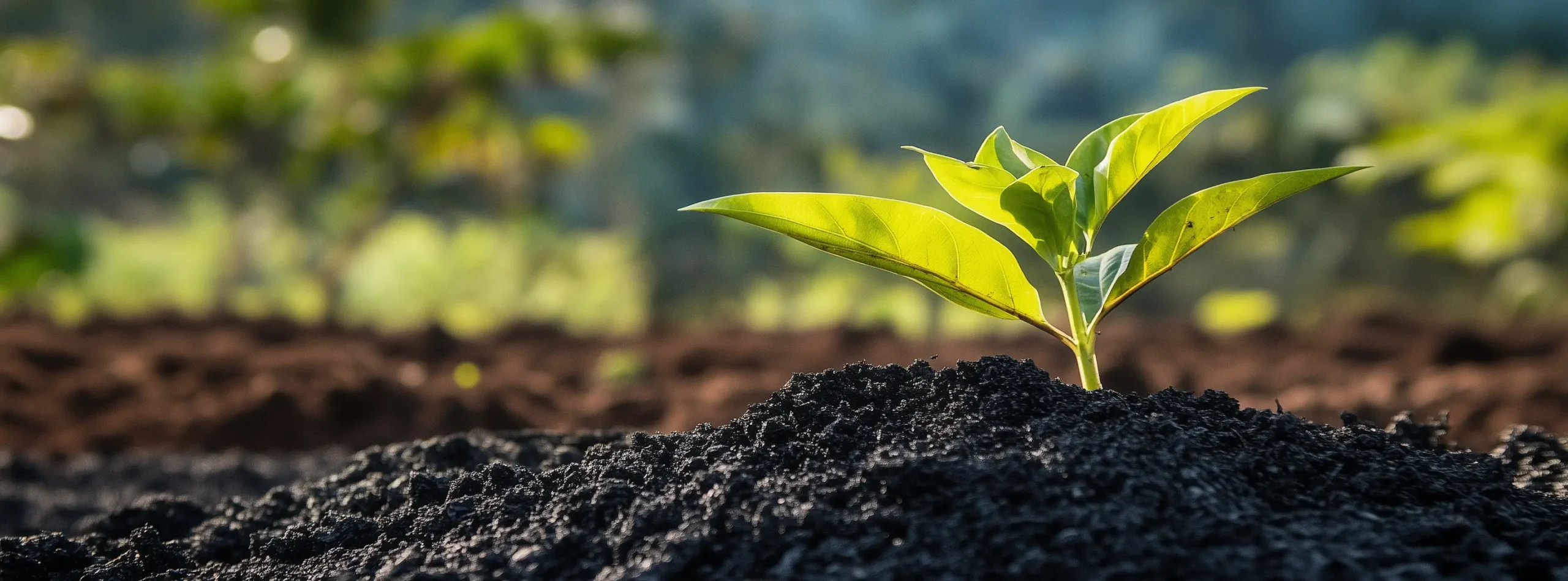 A tree shoot growing out of soil enriched by biochar