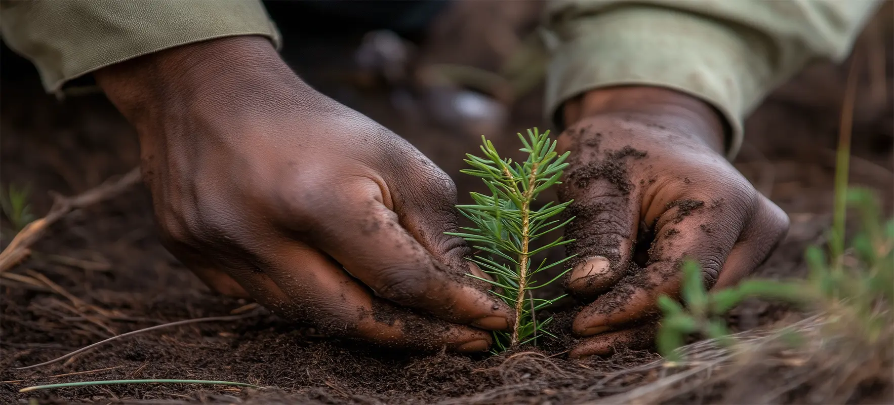 Close-up of hands planting a small tree seedling