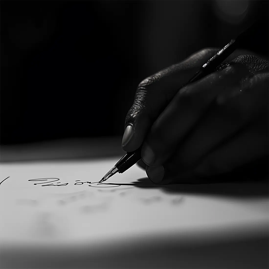 a close-up of a hand signing a document with a pen