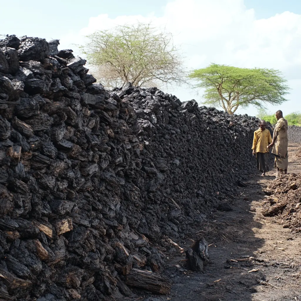 A Large pile of charcoal produced by biochar