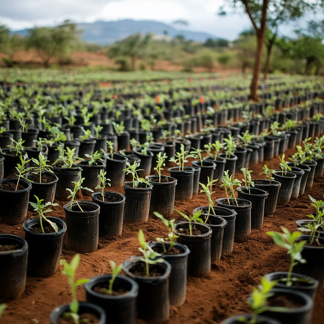 rows of pots with seedlings in them