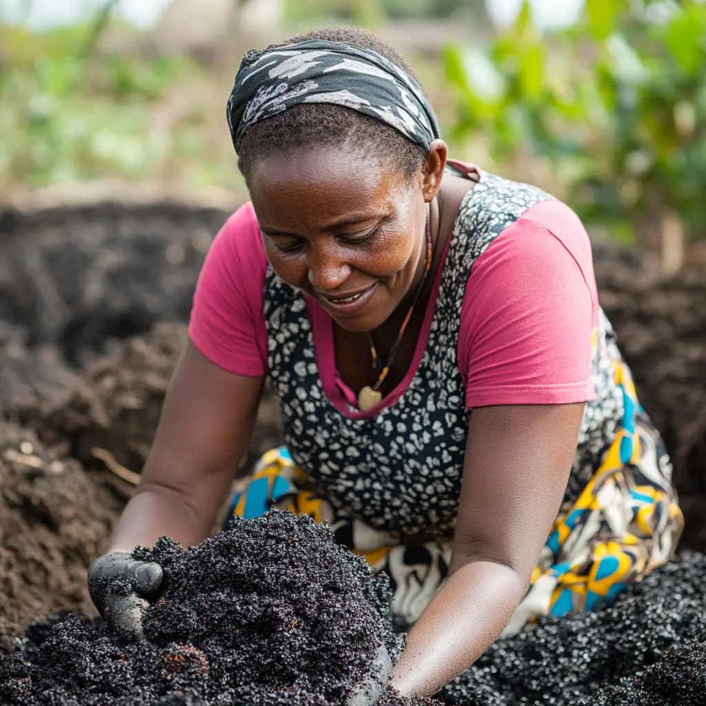 woman scooping up biochar fertiliser